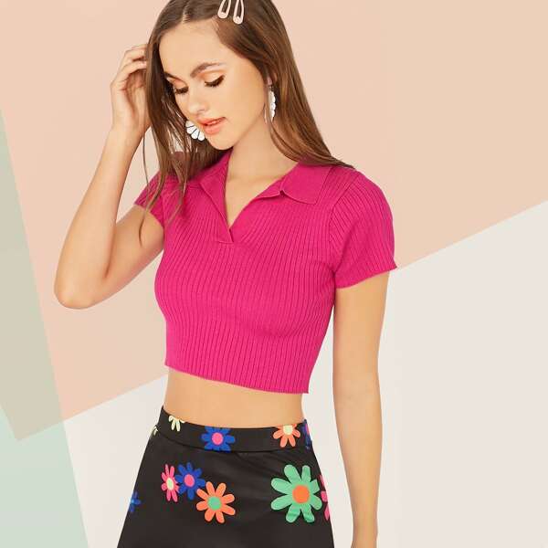 V-collar Rib-knit Crop Knit Top, Pink