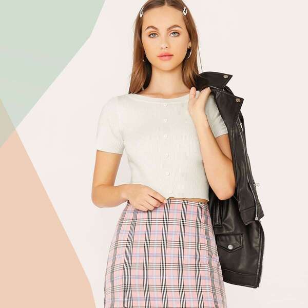 

Button Front Crop Knit Top, White