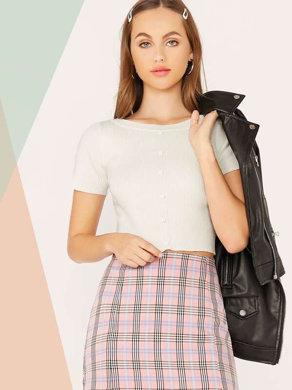 

Button Front Crop Knit Top, White, Lily Easton