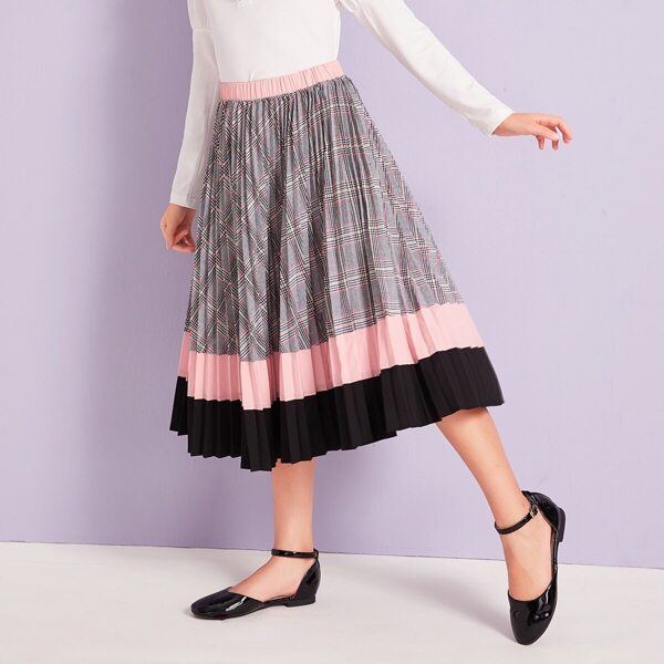 

Girls Cut-and-sew Plaid Pleated Skirt, Multicolor