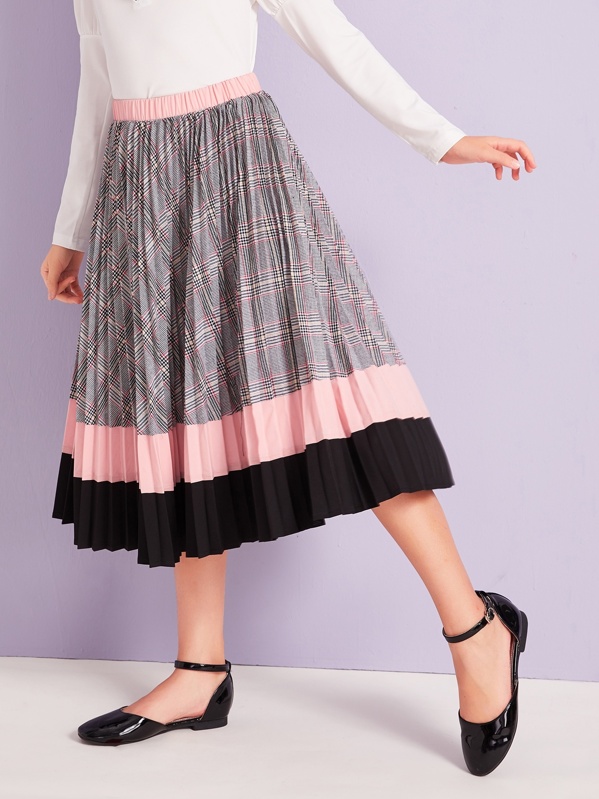 

Girls Cut-and-sew Plaid Pleated Skirt, Multicolor, Sashab