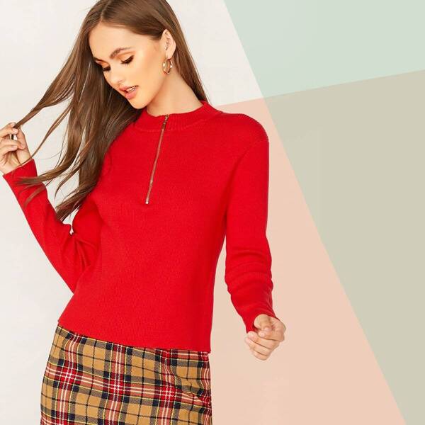 

Half Zipper Front Rib-knit Fitted Sweater, Red