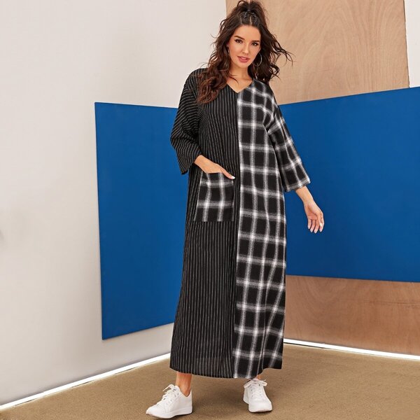 

Pocket Patched Striped and Plaid Dress