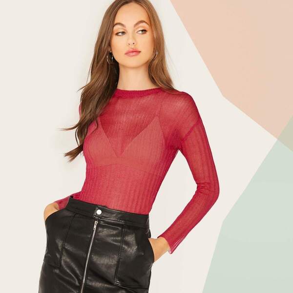 

Drop Shoulder Solid Sheer Top Without Tube, Pink