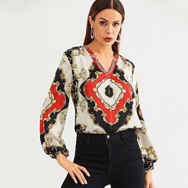 

V-neck Scarf Print Satin Top, Multicolor