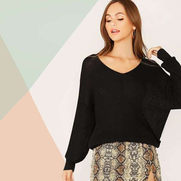 

V-neck Drop Shoulder Semi Sheer Sweater, Black