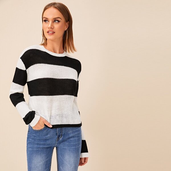 

Two Tone Drop Shoulder Sweater, Black and white