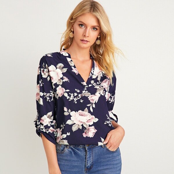 

Floral Print Tab Sleeve Top, Navy