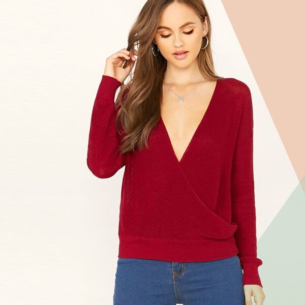 

Drop Shoulder Surplice Neck Solid Knit Top