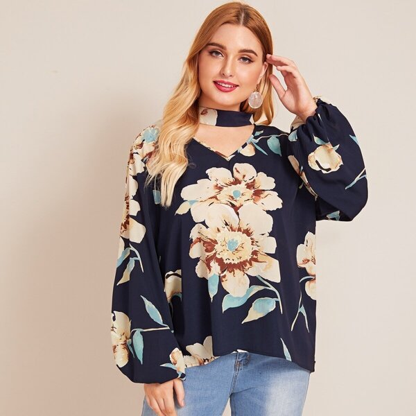 

Plus Choker Neck High-low Hem Floral Print Blouse