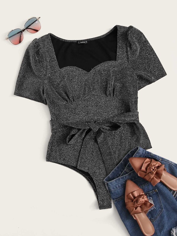 

Plus Fitted Glitter Bodysuit With Belt, Grey, Kellee Moran