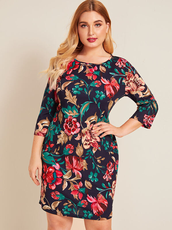 

Plus Floral Print Bodycon Dress, Multicolor, Nora