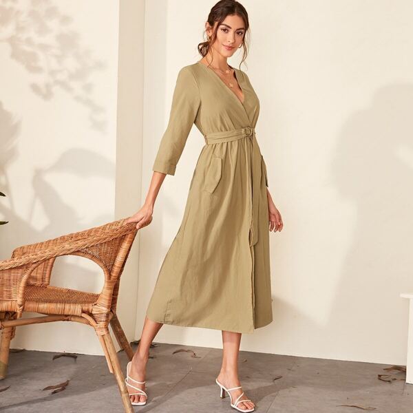 

Solid Split Thigh Slant Pocket Belted Dress