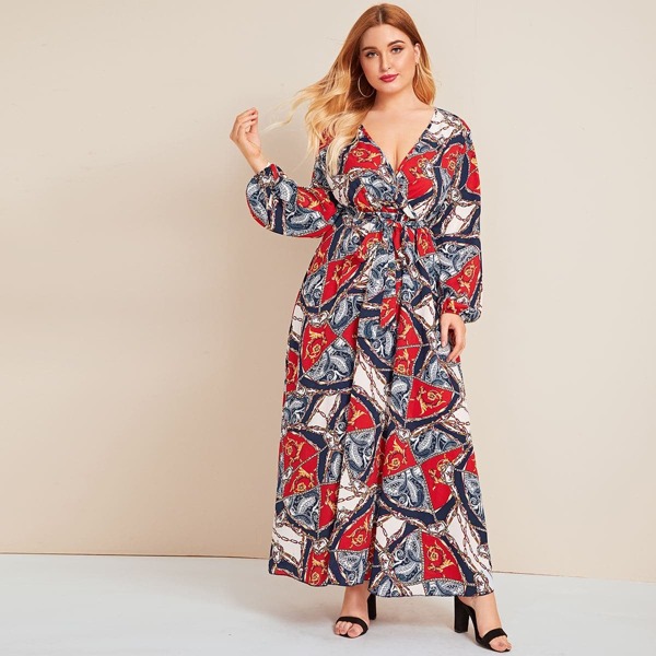 

Plus Chain & Paisley Print Belted Dress, Multicolor