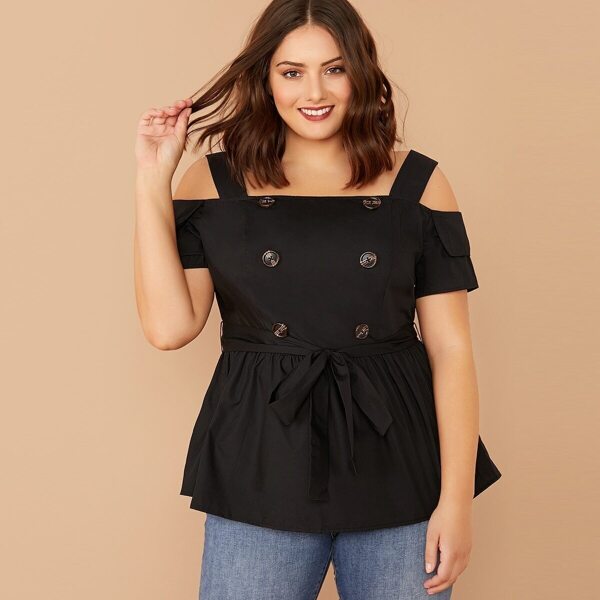 

Plus Double Button Cold Shoulder Belted Top, Black