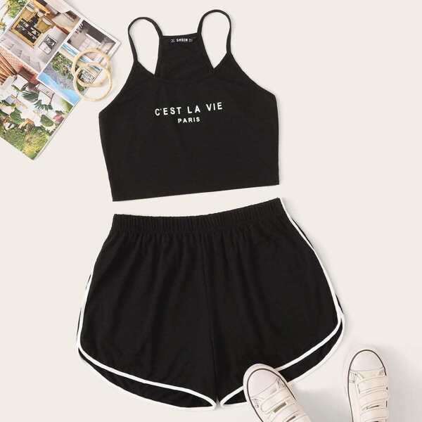 

Plus Slogan Crop Cami Top & Contrast Binding Shorts Set