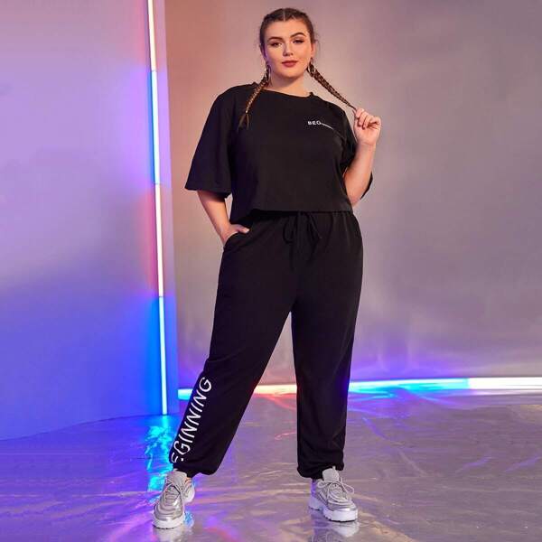 

Plus Letter Graphic Pullover & Slant Pocket Sweatpants Set, Black