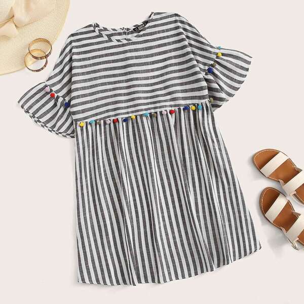 

Plus Pompom Detail Ruffle Cuff Striped Smock Dress, Grey