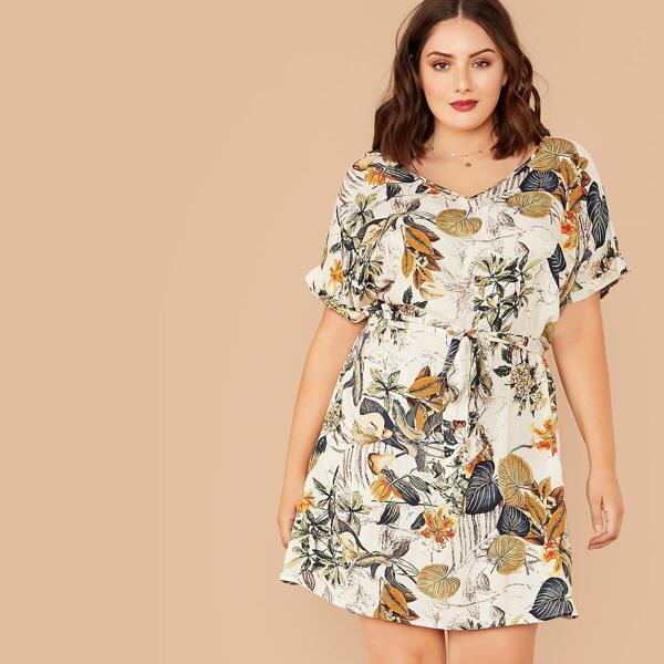

Plus Plants Roll Up Sleeve Belted Dress, Multicolor