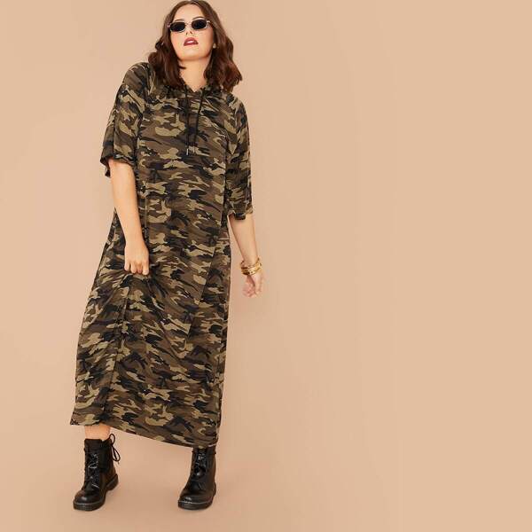 

Plus Raglan Sleeve Camo Drawstring Hooded Dress