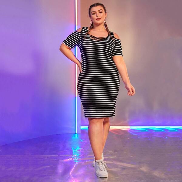 

Plus Striped Cold Shoulder Bodycon Dress, Black