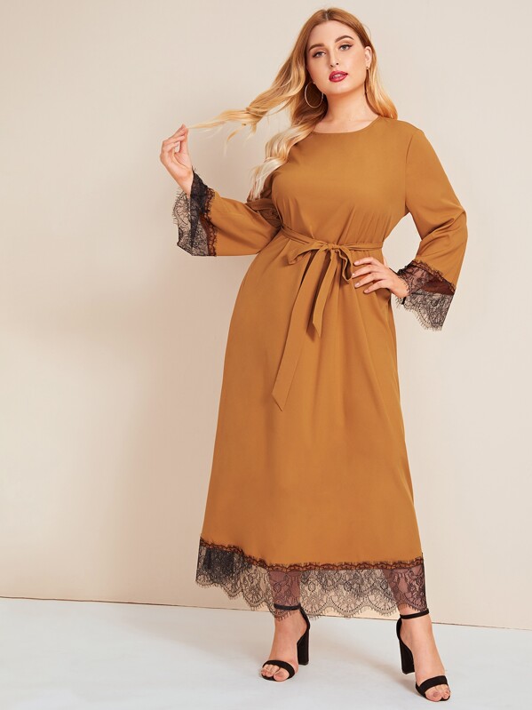 

Plus Eyelash Lace Hem Belted Dress, Camel, Nora