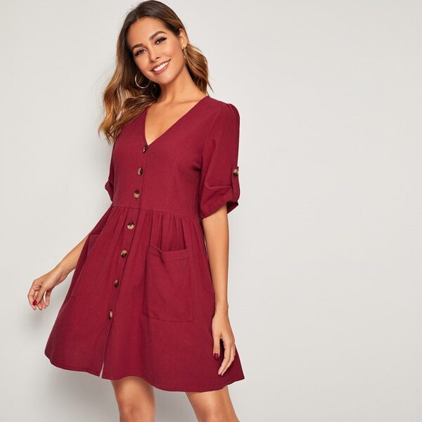 

Buttoned Front Roll Tab Sleeve Pocket Patched Dress, Burgundy