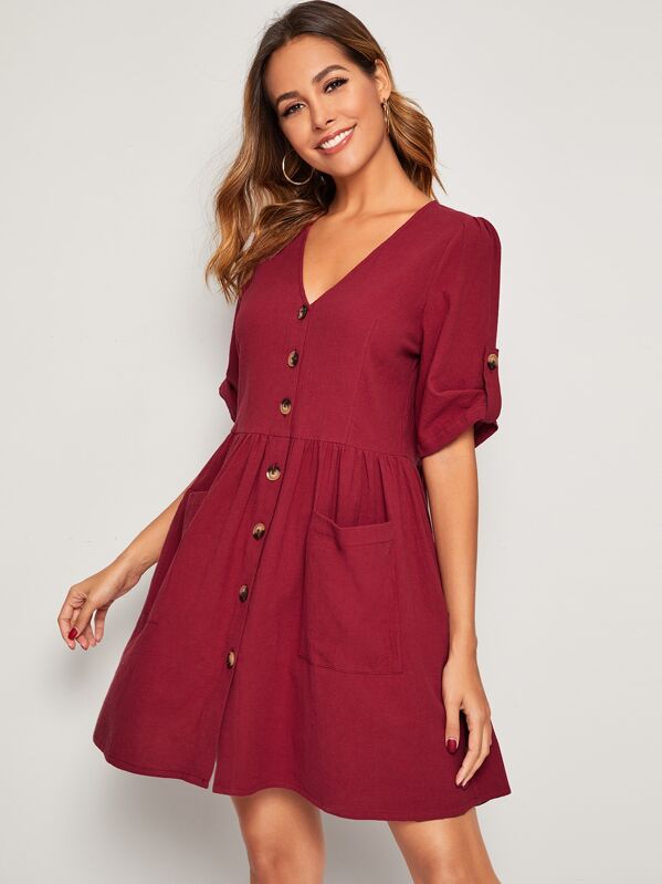 

Buttoned Front Roll Tab Sleeve Pocket Patched Dress, Burgundy, Giulia