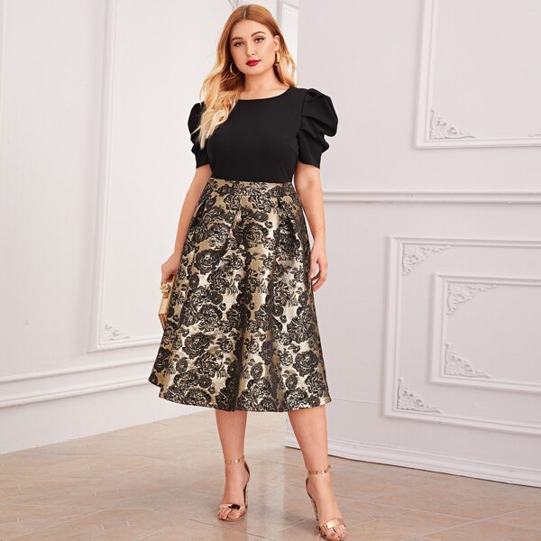 

Plus Floral Jacquard Puff Sleeve Combo Dress