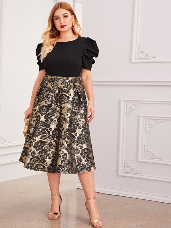 

Plus Floral Jacquard Puff Sleeve Combo Dress, Multicolor, Nora