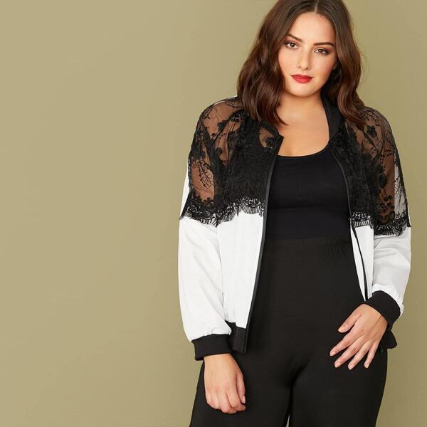 

Plus Lace Insert Zipper Up Jacket, Black and white