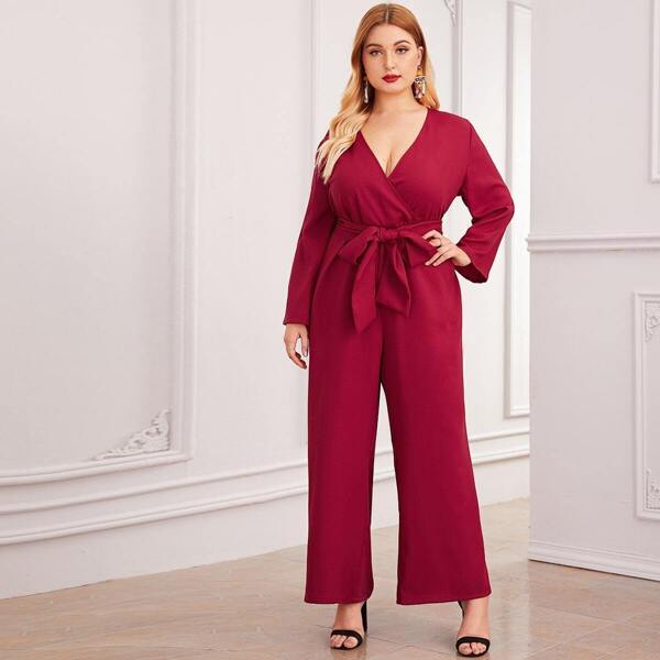 

Plus Surplice Neck Self Belted Wide Leg Jumpsuit, Burgundy