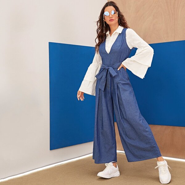 

Zip Back Belted Wide Leg Denim Jumpsuit Without Blouse, Blue