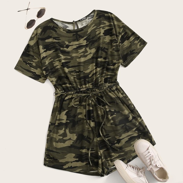 

Plus Camo Print Slant Pocket Self Belted Romper, Multicolor