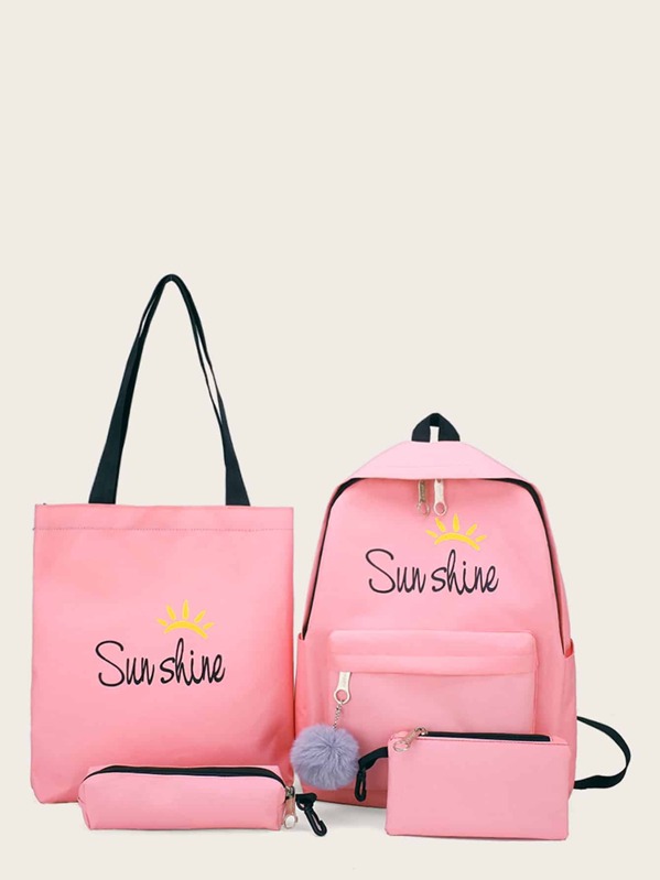 

Letter Print Pom Pom Decor Backpack With Clutch 4pcs, Pink