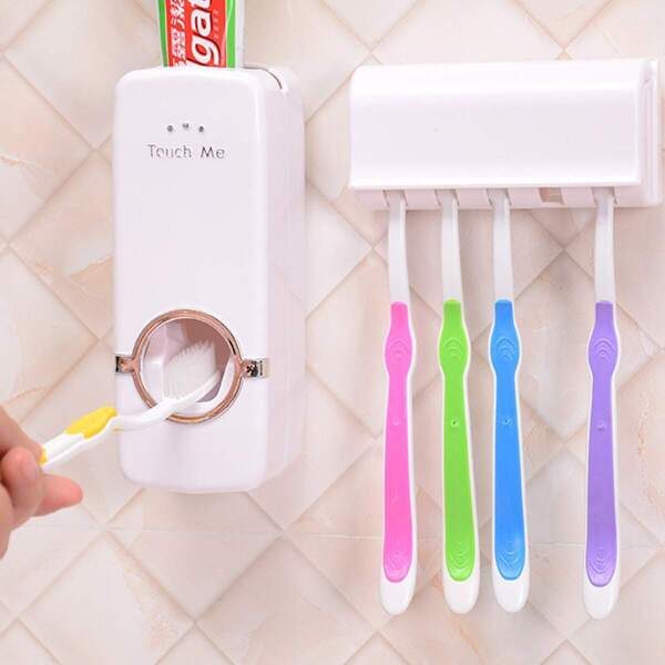 

Wall Mounted Automatic Toothpaste Dispenser & Toothbrush Holder, White