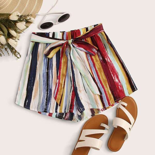 

Random Colorful Brush Print Tie Front Shorts