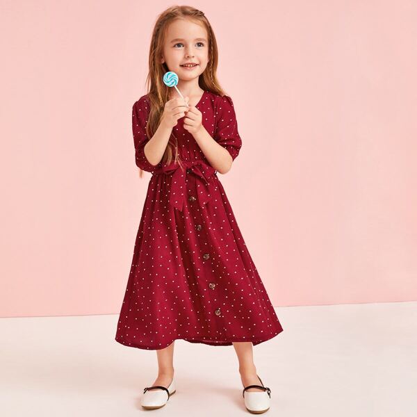 

Toddler Girls Button Front Polka Dot Belted Dress