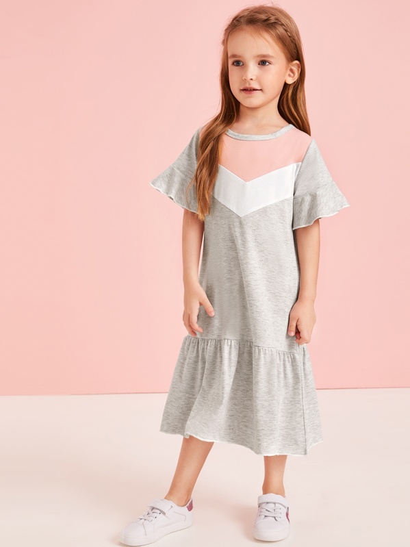 

Toddler Girls Contrast Panel Ruffle Hem Tee Dress, Grey, Sofia B