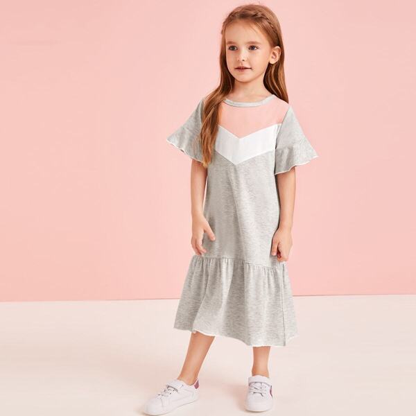 

Toddler Girls Chevron Panel Ruffle Hem Babydoll Dress, Grey