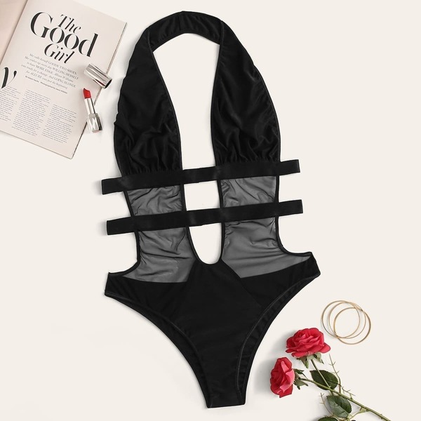 

Plus Ladder Cut-out Contrast Mesh Halter Teddy Bodysuit, Black