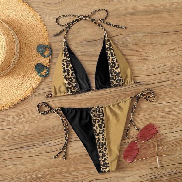 

Contrast Leopard Halter Top With Tie Side Bikini