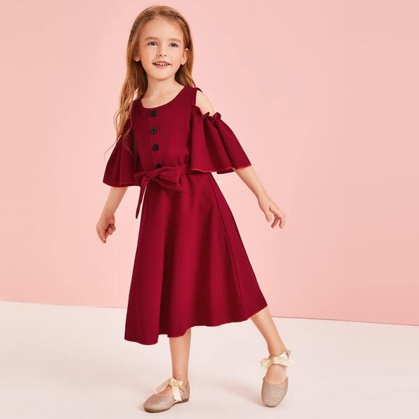 

Toddler Girls Open Shoulder Half Button Belted Dress