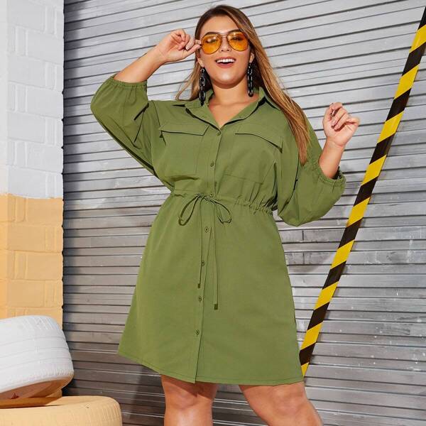 

Plus Drawstring Waist Pocket Side Cargo Dress, Army green