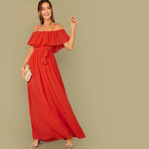 

Flounce Foldover Belted Dress With Wrap Skirt, Red bright