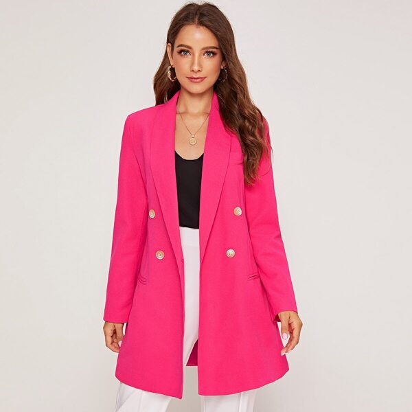 

Solid Shawl Collar Double Breasted Blazer, Pink bright