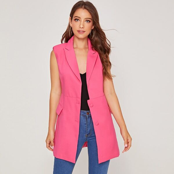 

Solid Button Front Flap Pocket Vest Blazer