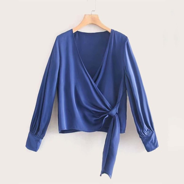 

Button Cuff Asymmetrical Hem Wrap Blouse