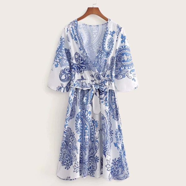 

Blue And White Porcelain Print Surplice Belted Dress