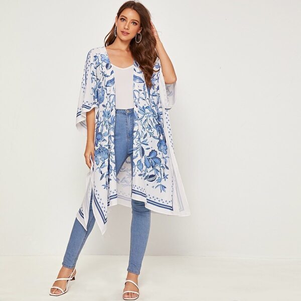 

Floral Print Contrast Tape Kimono